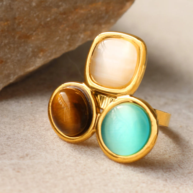 Uself Luxury High-Grade Natural stone Flower Golden Adjustable Ring Fashion 304 Stainless Steel Cast Technology Charm Jewelry