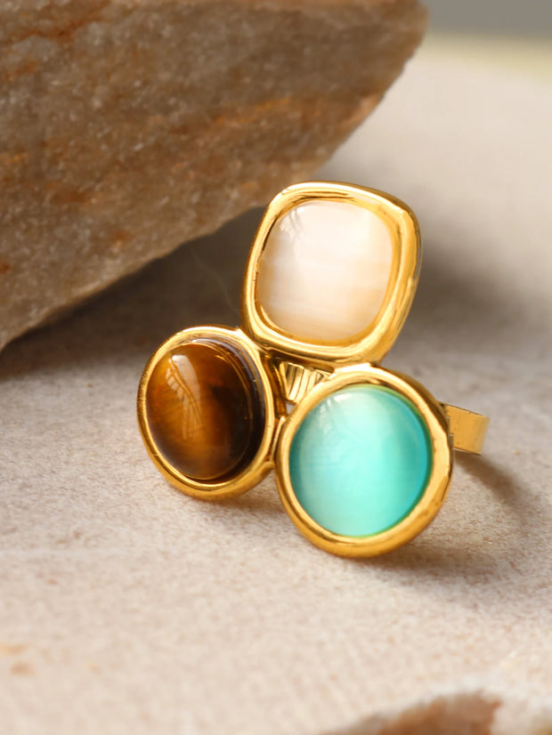 Uself Luxury High-Grade Natural stone Flower Golden Adjustable Ring Fashion 304 Stainless Steel Cast Technology Charm Jewelry