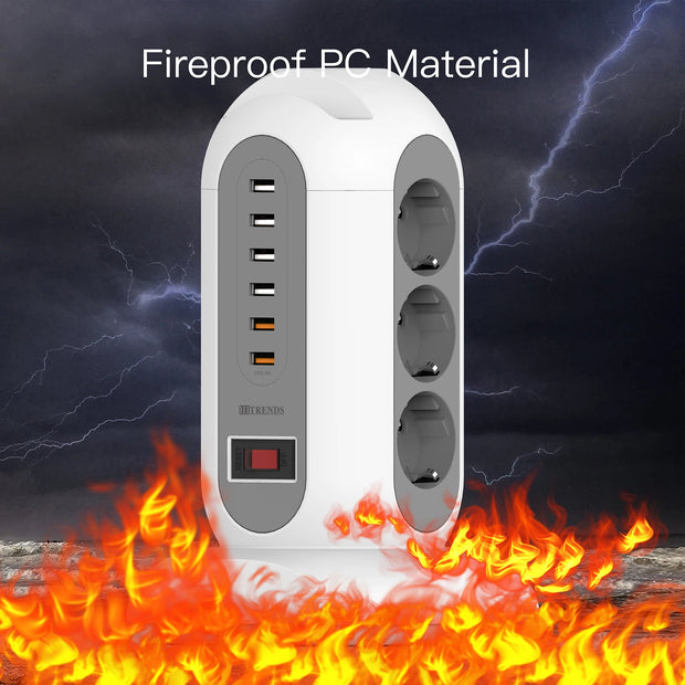 15-in-1 tower power strip 2500W, 9 sockets, 6 USB charging ports, retractable 1.8-meter extension cord expansion plug