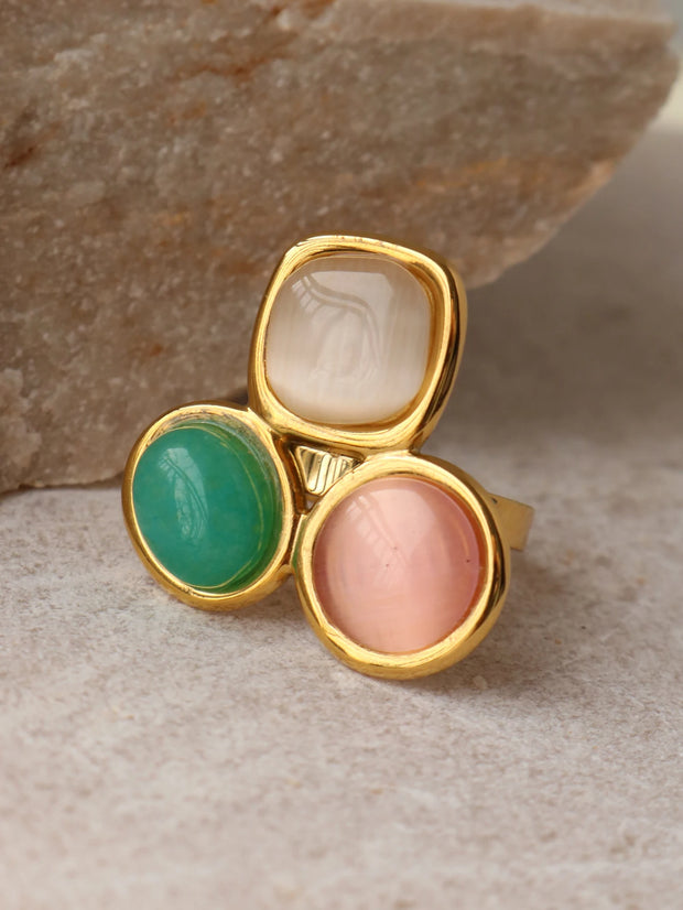 Uself Luxury High-Grade Natural stone Flower Golden Adjustable Ring Fashion 304 Stainless Steel Cast Technology Charm Jewelry