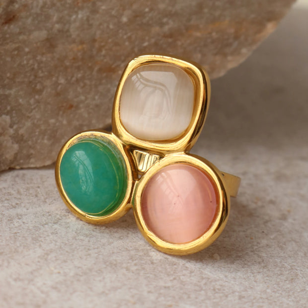 Uself Luxury High-Grade Natural stone Flower Golden Adjustable Ring Fashion 304 Stainless Steel Cast Technology Charm Jewelry