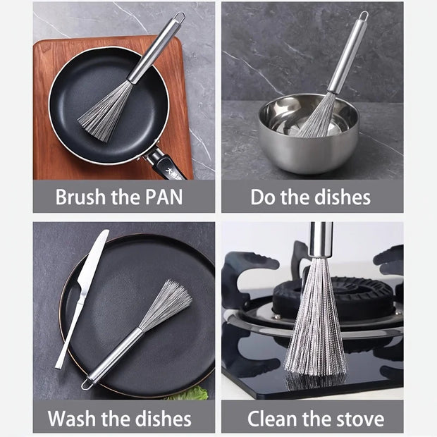 Stainless Steel Pot Brush Long Handle Multi-functional Cleaning Brush Hanging Washing Tool for Kitchen Sink Pans Scrubber Gadget