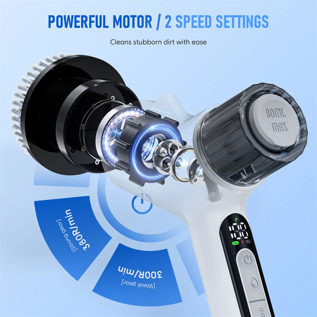 Cordless Electric Spin Scrubber Cleaning Brush with Spray Function Shower Cleaning with 7 Brush Heads 3000mAH Battery 2 Speeds