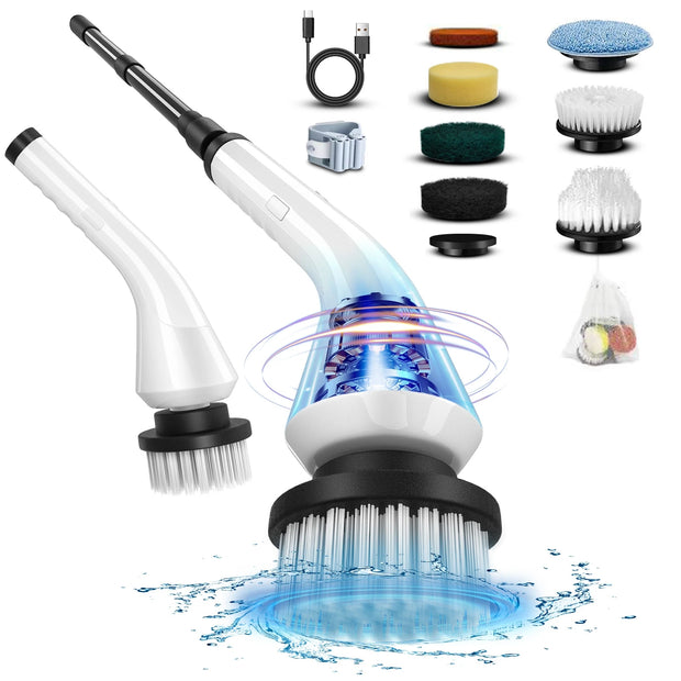 Electric Spin Scrubber, Electric scrubber with 8 Replaceable Brush Heads & Detachable Extension Handle, Power spin scrubber cord
