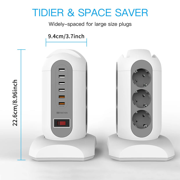15-in-1 tower power strip 2500W, 9 sockets, 6 USB charging ports, retractable 1.8-meter extension cord expansion plug