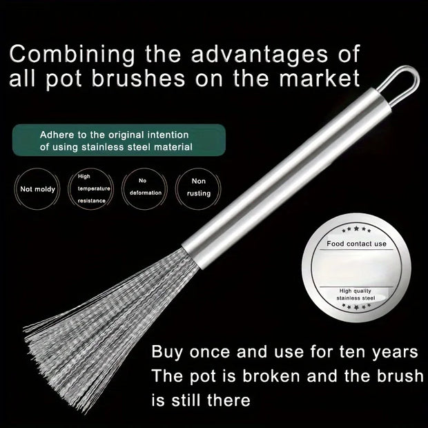 Stainless Steel Pot Brush Long Handle Multi-functional Cleaning Brush Hanging Washing Tool for Kitchen Sink Pans Scrubber Gadget